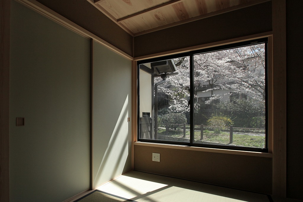 哲学の道に面するリノベーション京町家物件の和室と桜